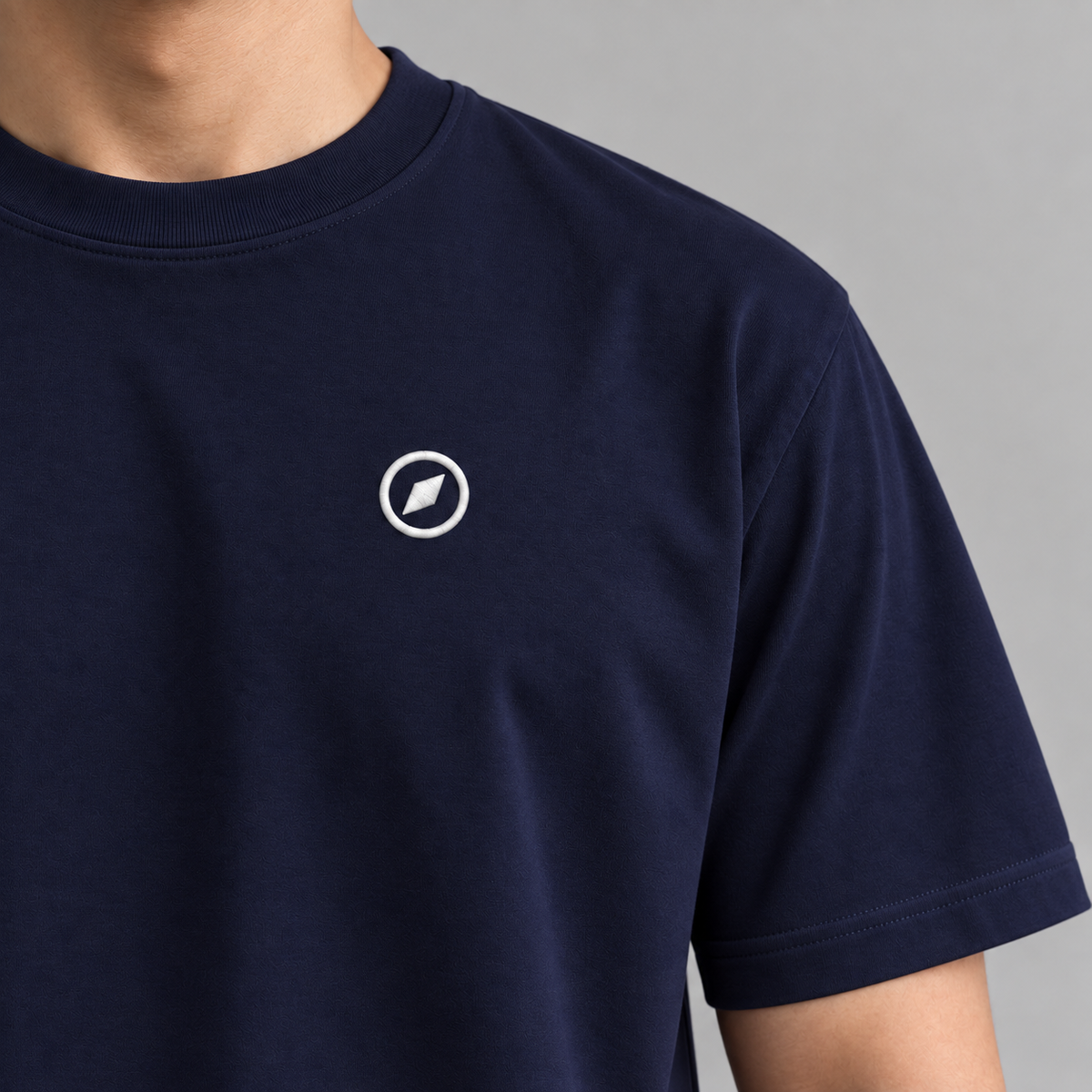 Architect Compass Tee in navy with clean filled white embroidery