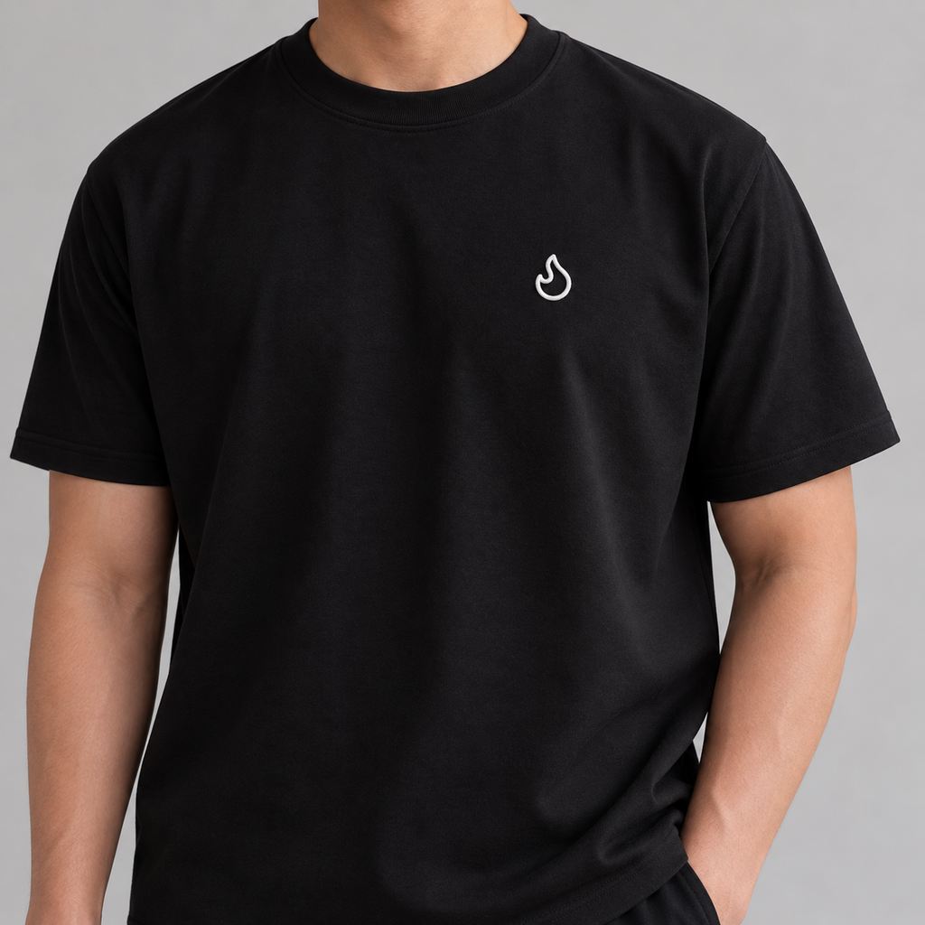 Chef Flame Tee in black with white embroidered flame