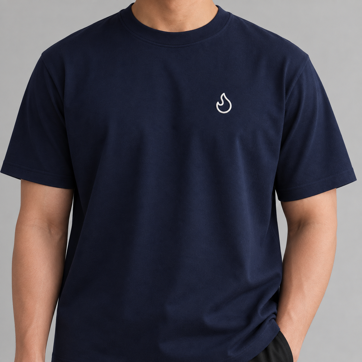 Chef Flame Tee in navy with white embroidered flame