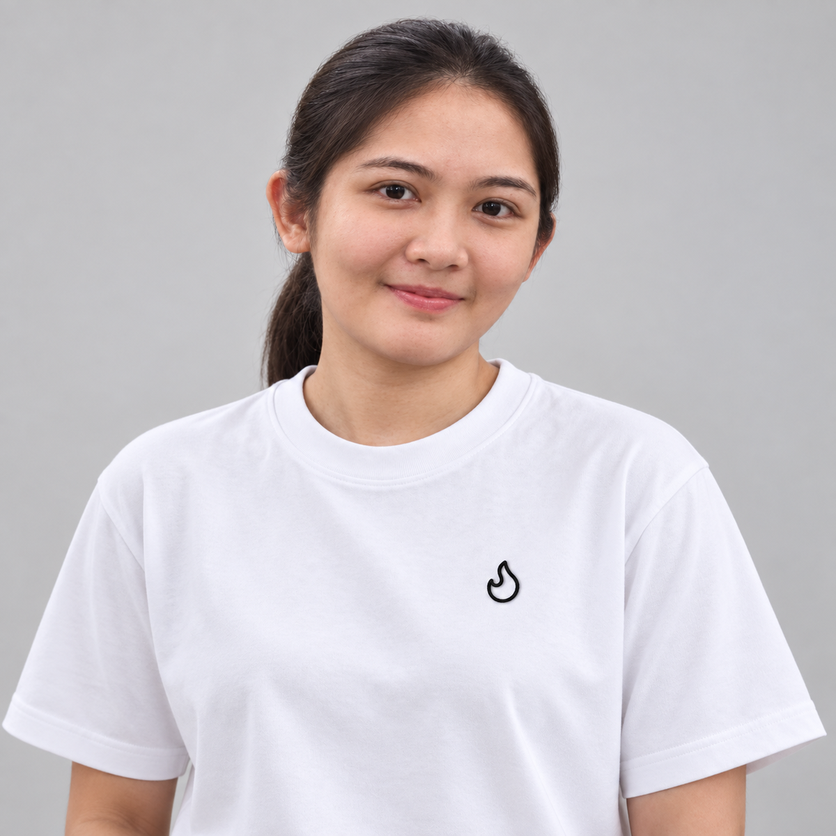 Chef Flame Tee in white with charcoal embroidered flame