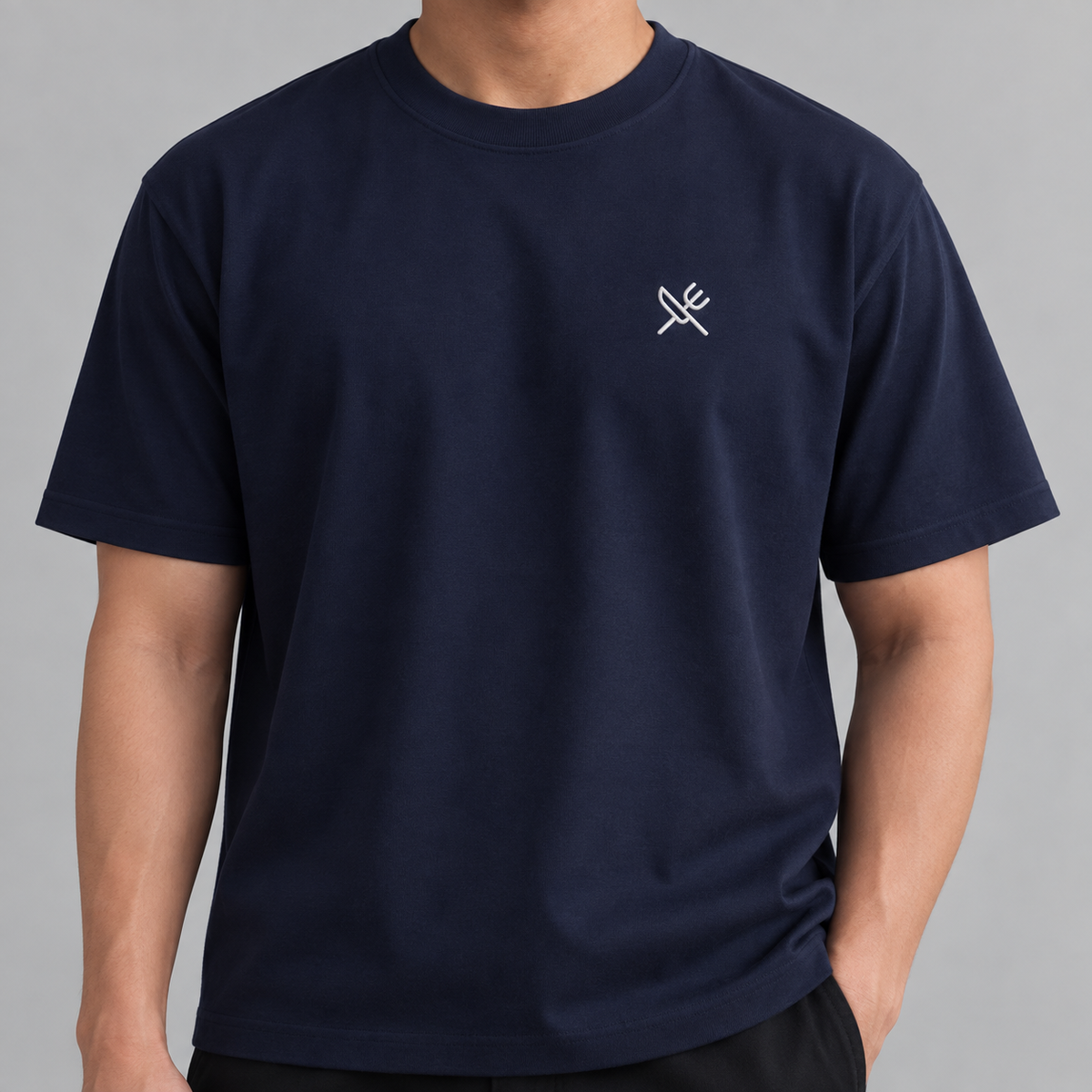 Chef Knife Tee in navy with white embroidered crossed knife and fork