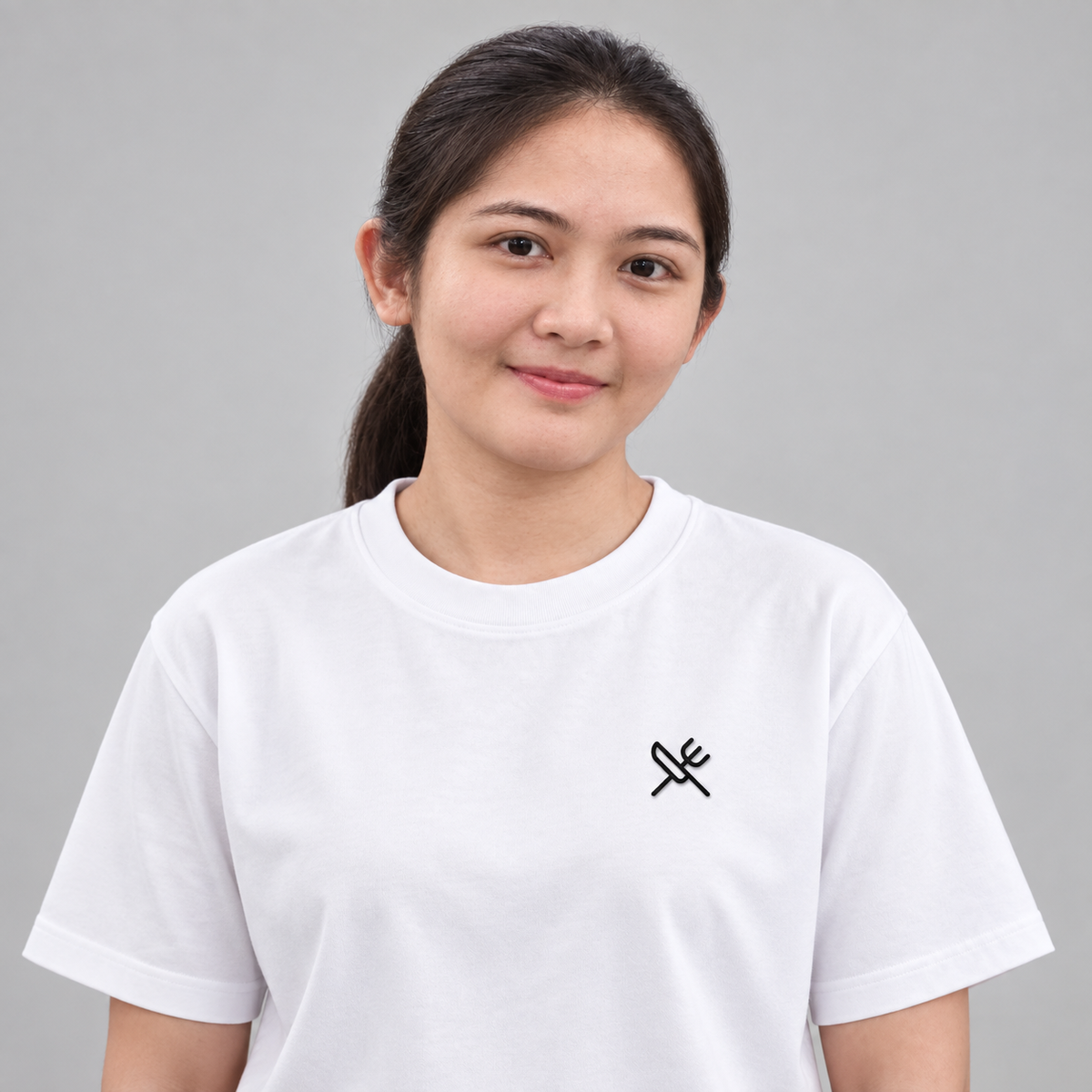 Chef Knife Tee in white with charcoal embroidered crossed knife and fork