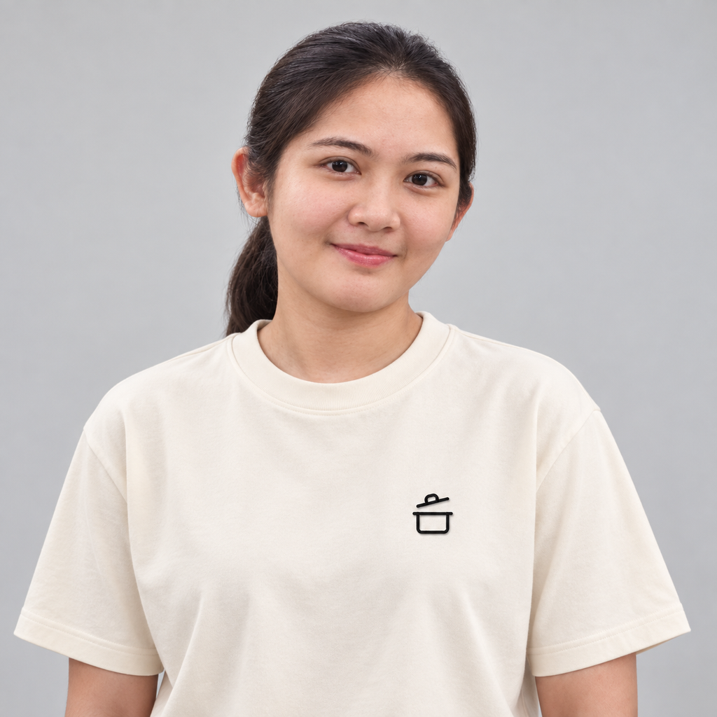 Chef Pan Tee in cream with charcoal embroidered cooking pot