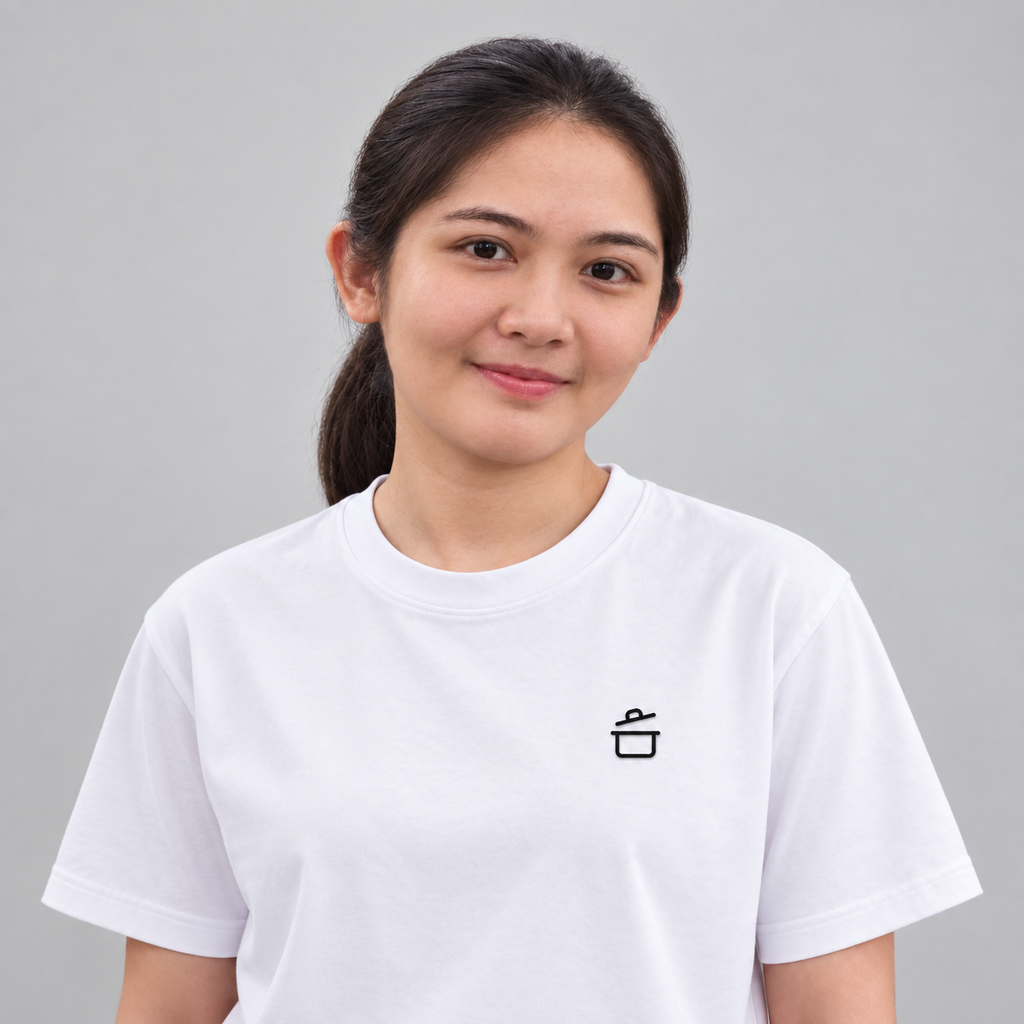 Chef Pan Tee in white with charcoal embroidered cooking pot