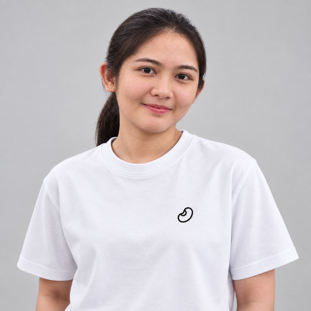 Coffee Bean Tee in white with charcoal embroidered coffee bean
