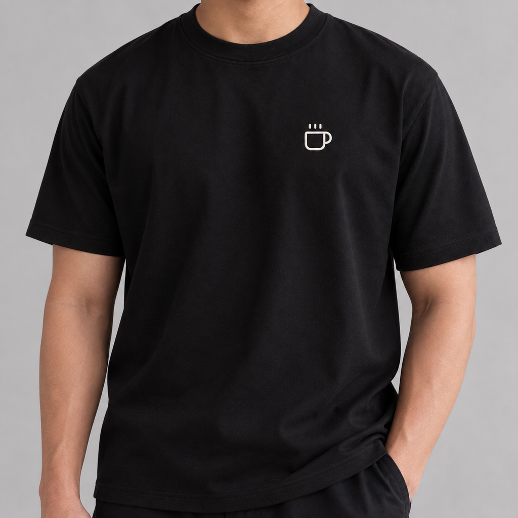 Coffee Cup Tee in black with white embroidered steaming cup