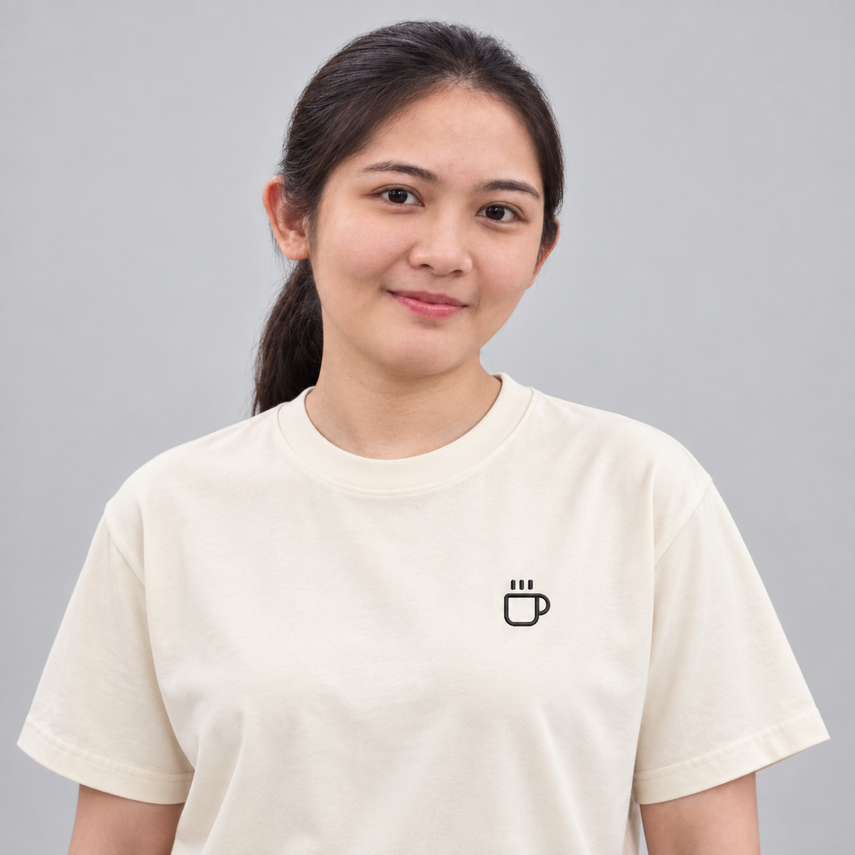 Coffee Cup Tee in cream with charcoal embroidered steaming cup