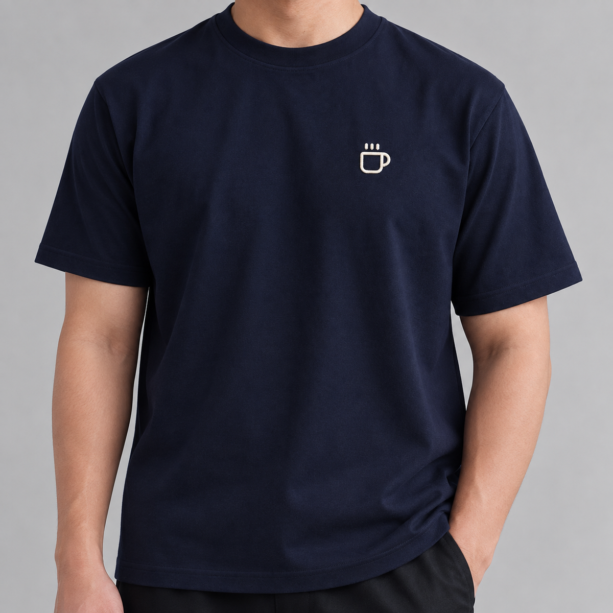 Coffee Cup Tee in navy with white embroidered steaming cup