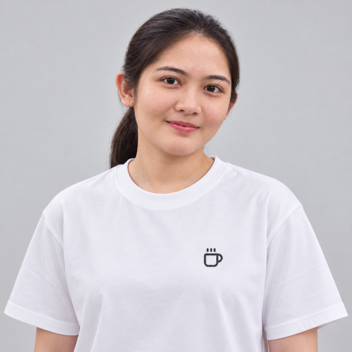 Coffee Cup Tee in white with charcoal embroidered steaming cup