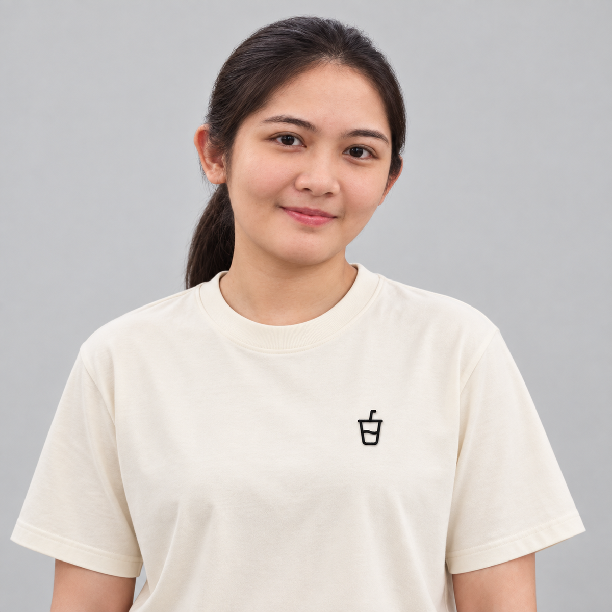 Coffee Espresso Tee in cream with charcoal embroidered drink cup