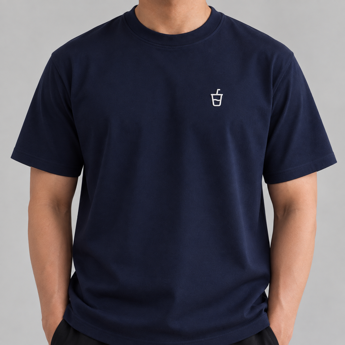 Coffee Espresso Tee in navy with white embroidered drink cup