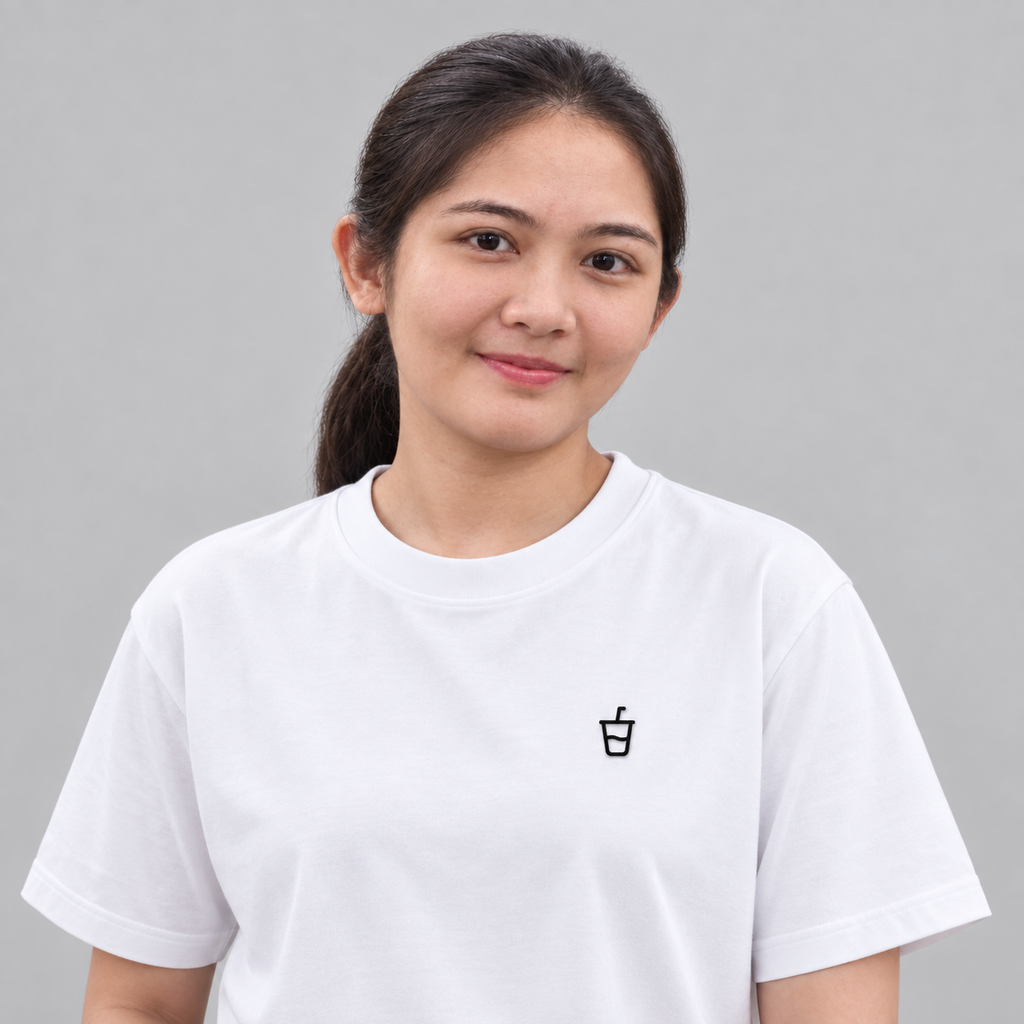Coffee Espresso Tee in white with charcoal embroidered drink cup