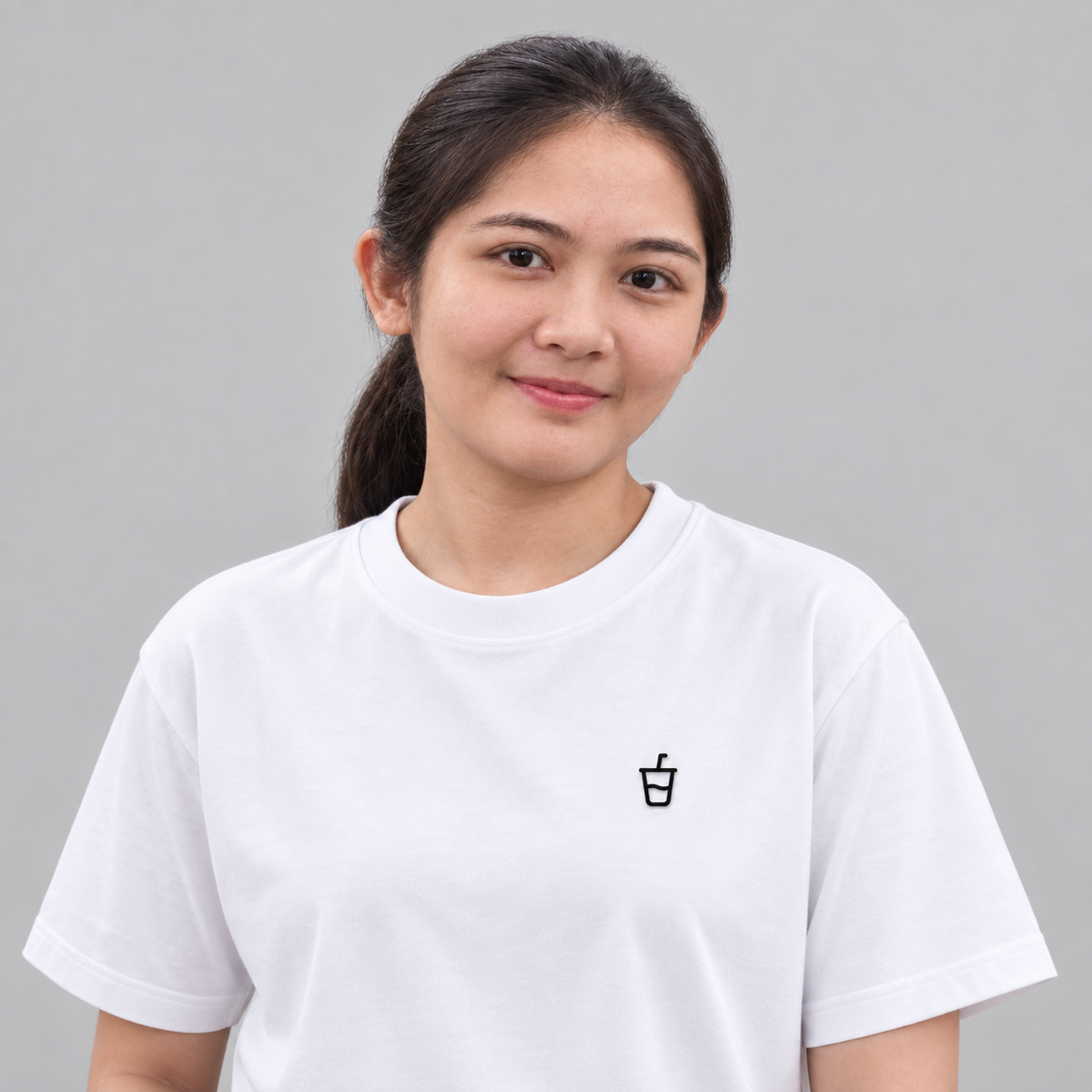 Coffee Espresso Tee in white with charcoal embroidered drink cup