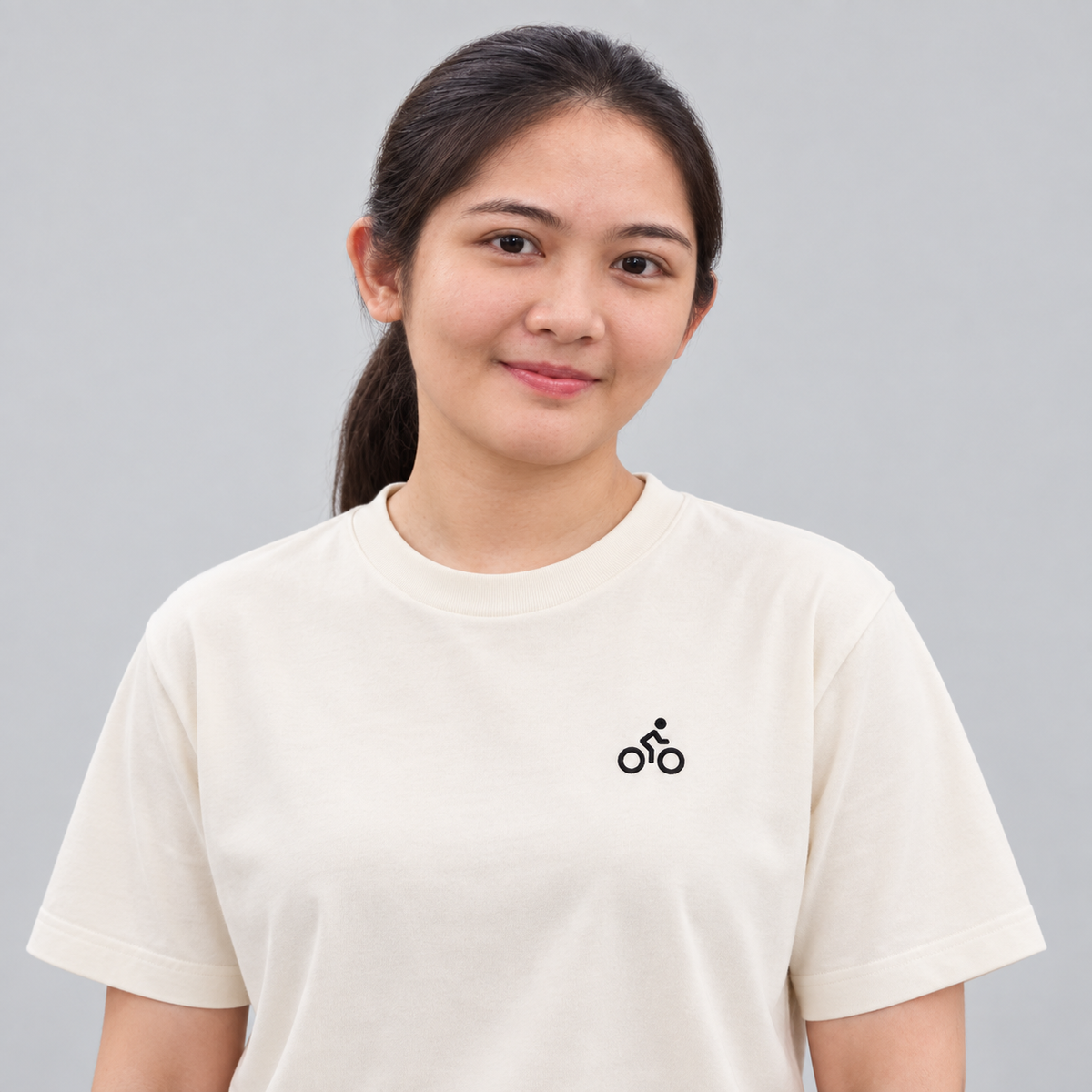 Cyclist Bike Tee in cream with charcoal embroidered cyclist