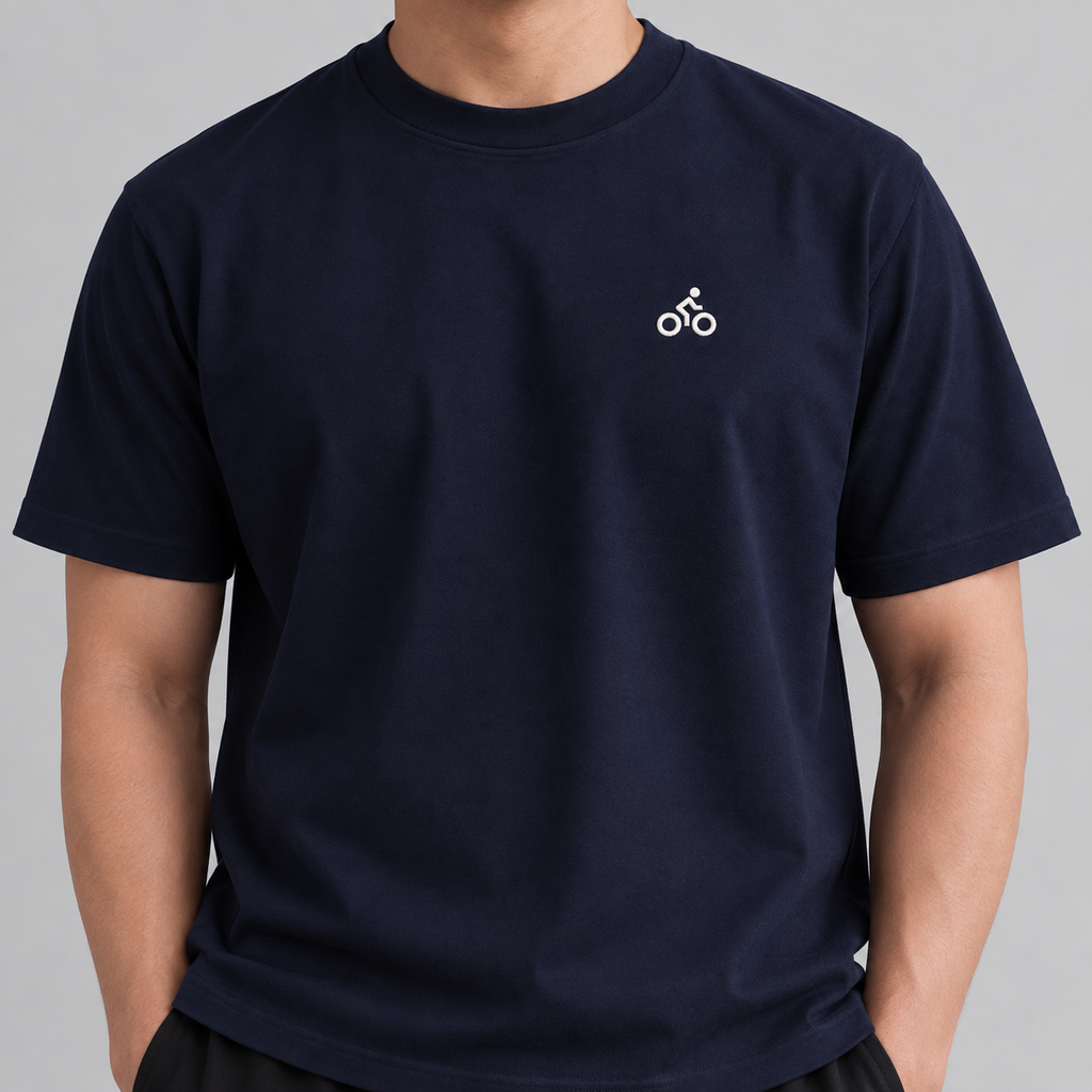 Cyclist Bike Tee in navy with white embroidered cyclist