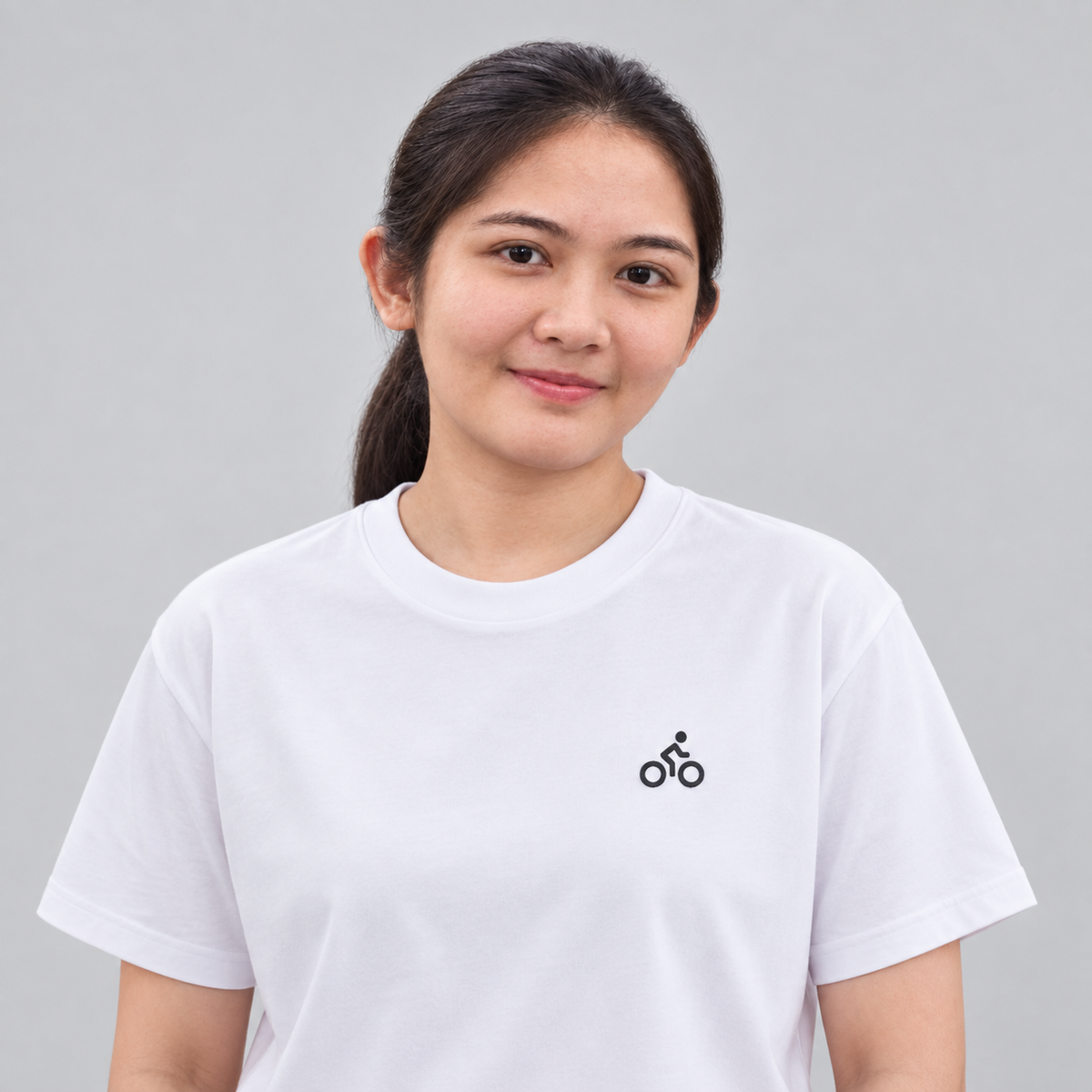 Cyclist Bike Tee in white with charcoal embroidered cyclist