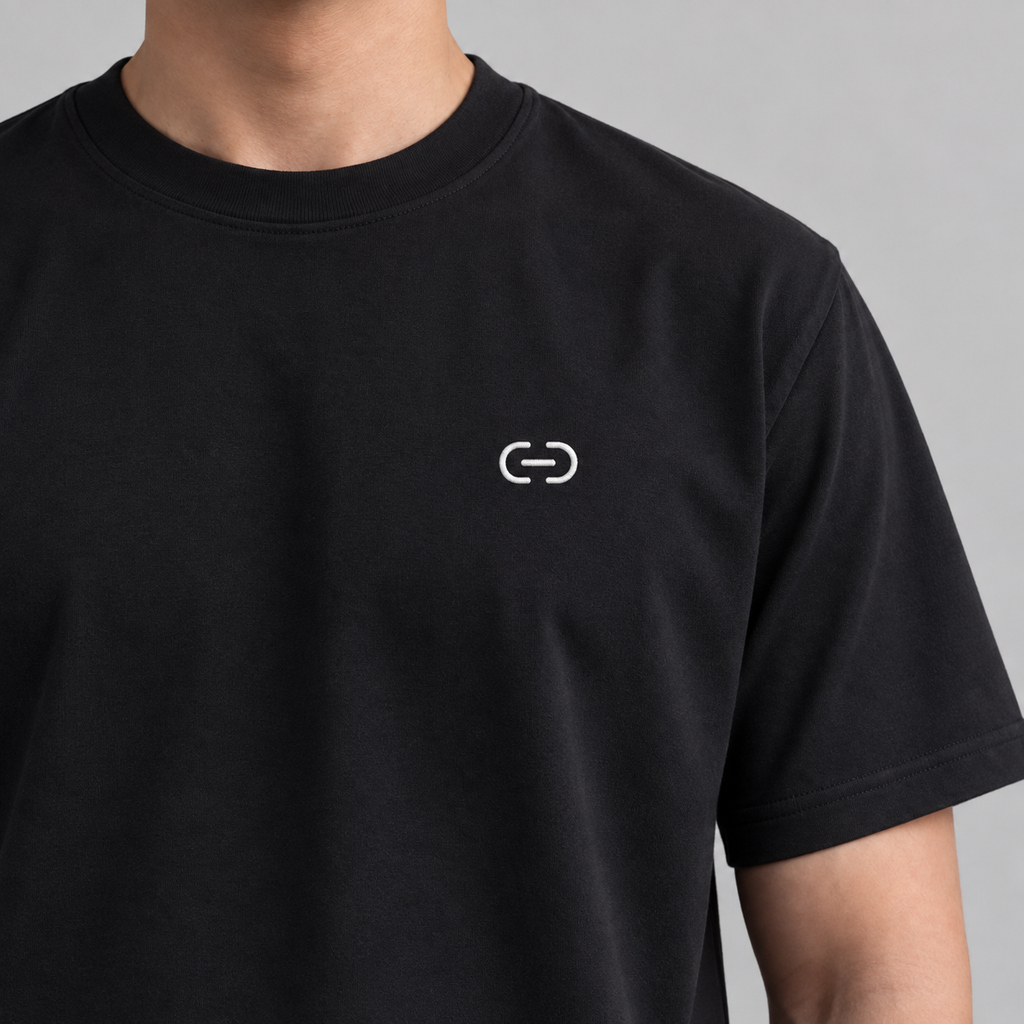 Cyclist Chain Tee in black with white embroidered chain
