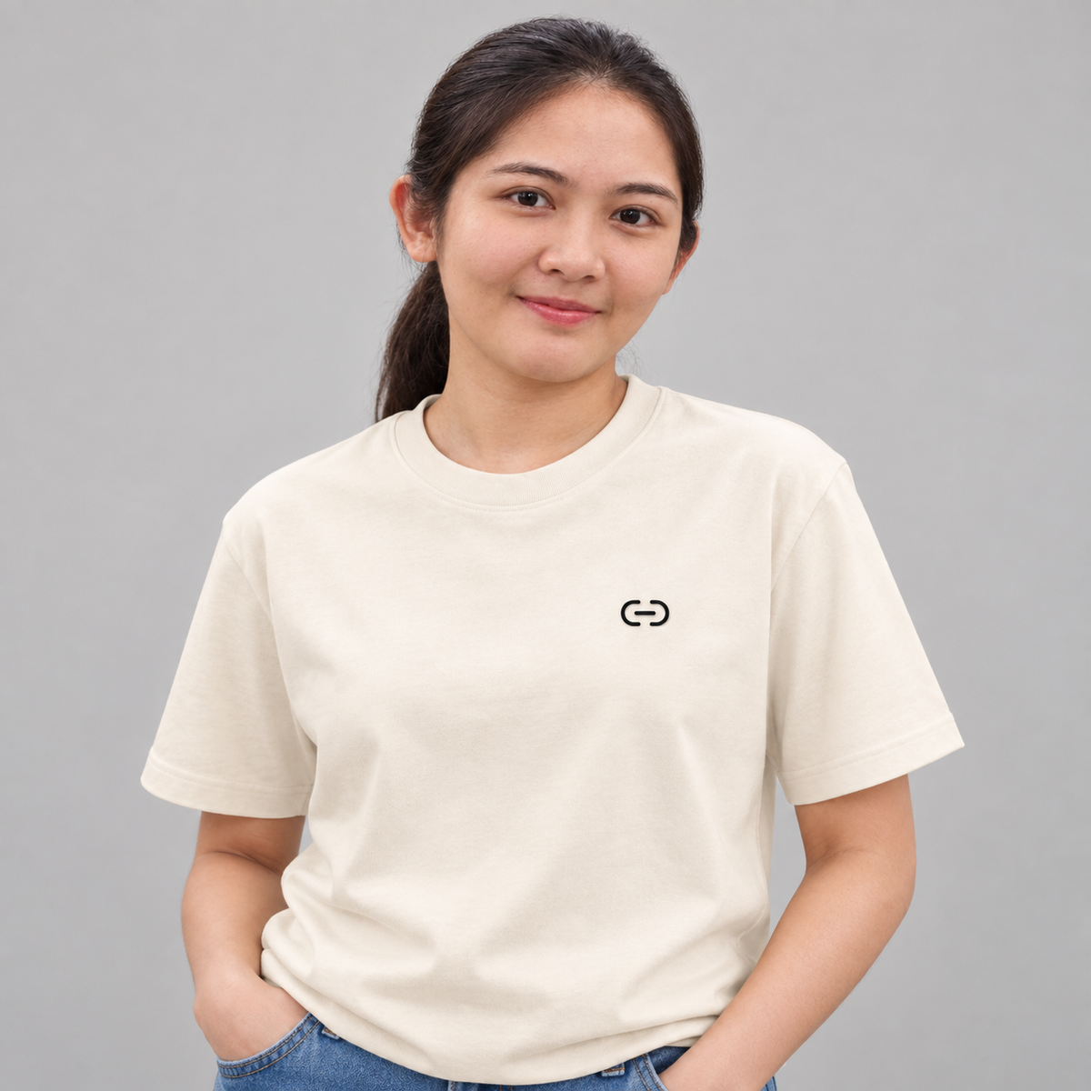 Cyclist Chain Tee in cream with charcoal embroidered chain