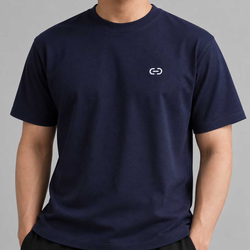 Cyclist Chain Tee in navy with white embroidered chain