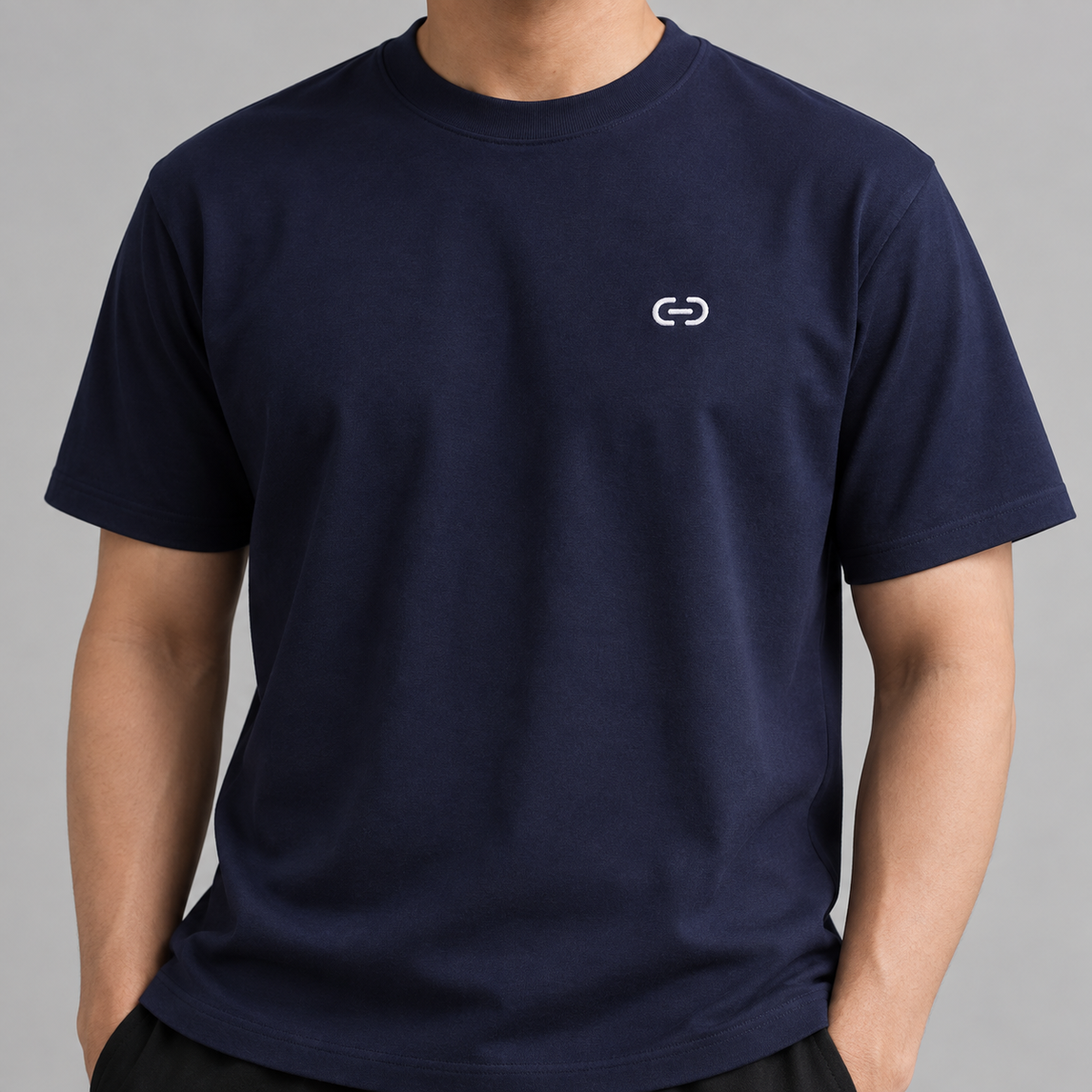 Cyclist Chain Tee in navy with white embroidered chain