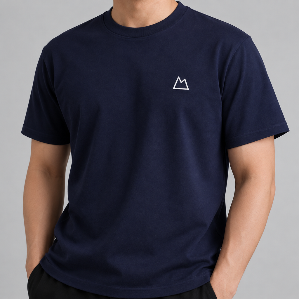 Cyclist Mountain Tee in navy with white embroidered mountain