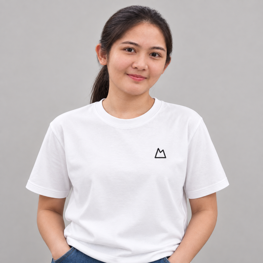Cyclist Mountain Tee in white with charcoal embroidered mountain
