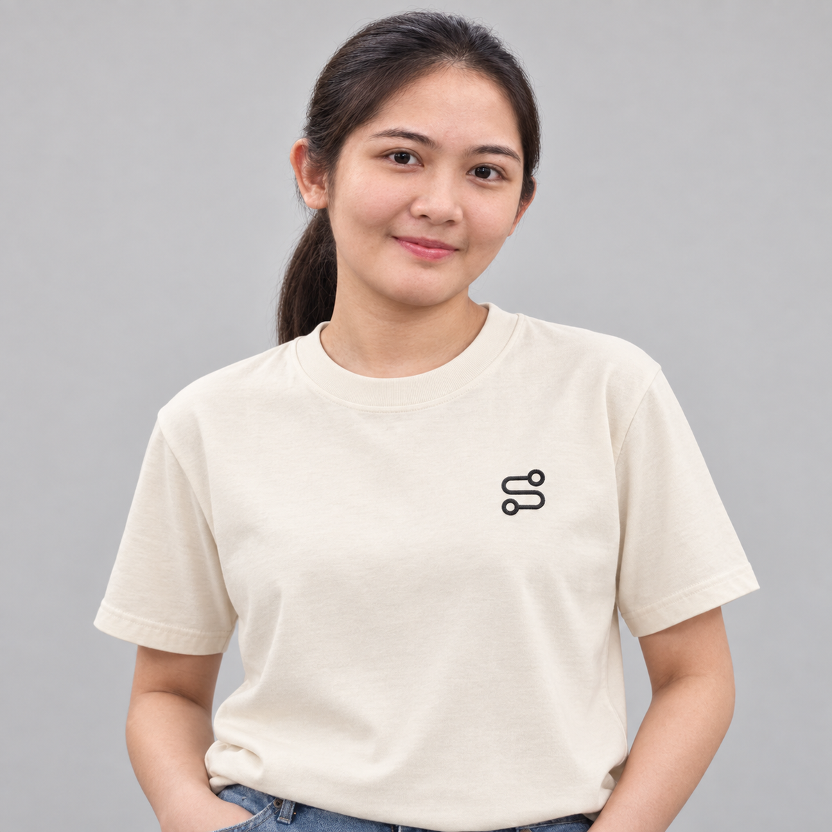 Cyclist Route Tee in cream with charcoal embroidered route