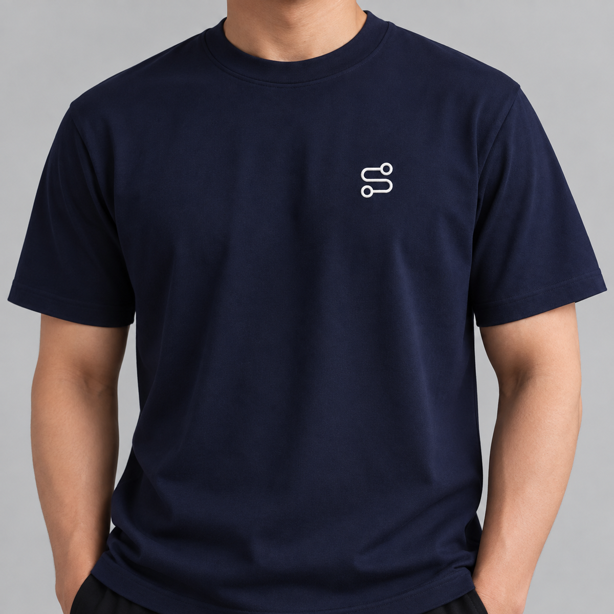 Cyclist Route Tee in navy with white embroidered route