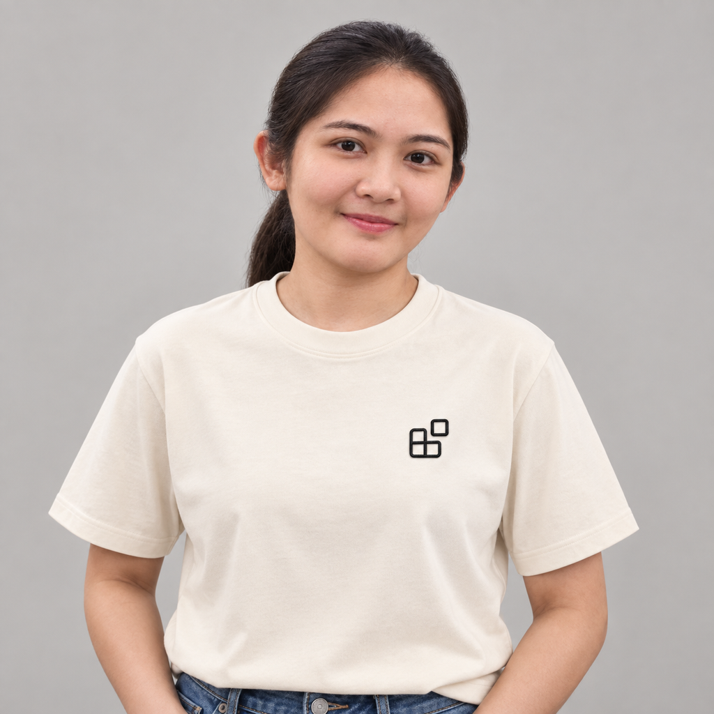Dad Blocks Tee in cream with charcoal embroidered blocks