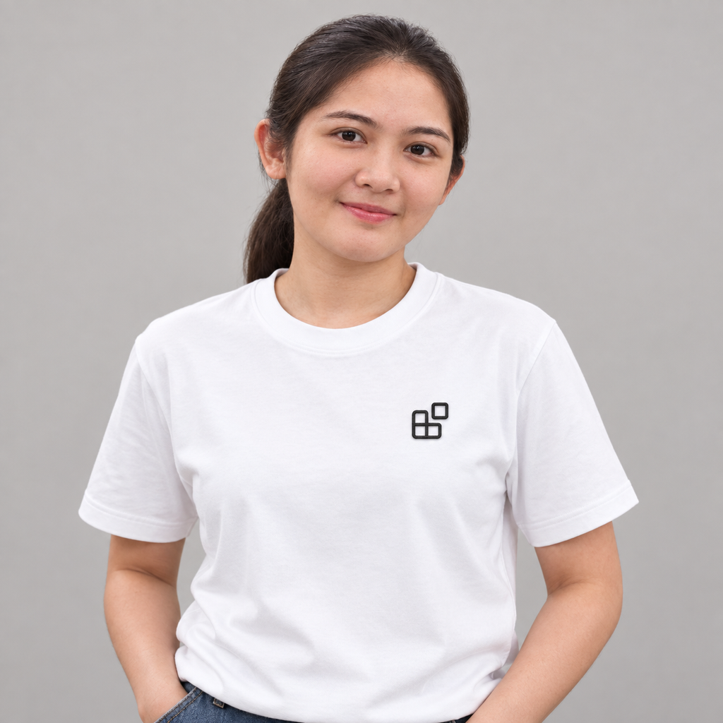 Dad Blocks Tee in white with charcoal embroidered blocks
