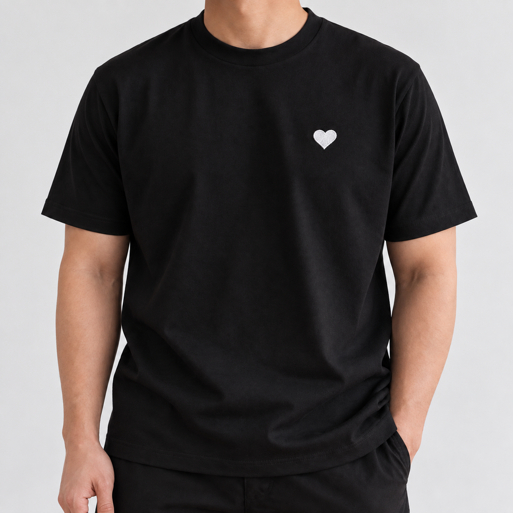 Dad Heart Tee in black with white filled heart embroidery