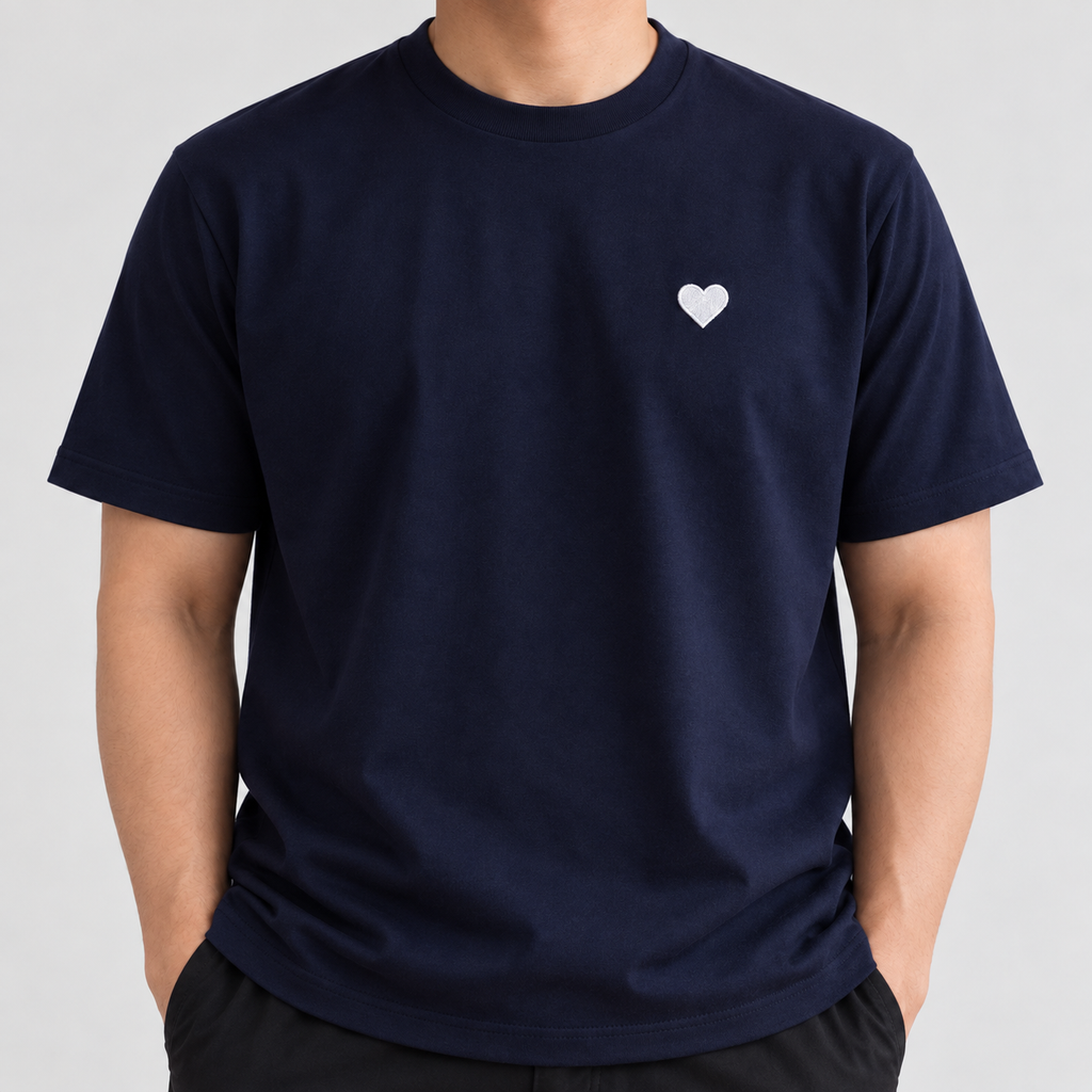 Dad Heart Tee in navy with white filled heart embroidery