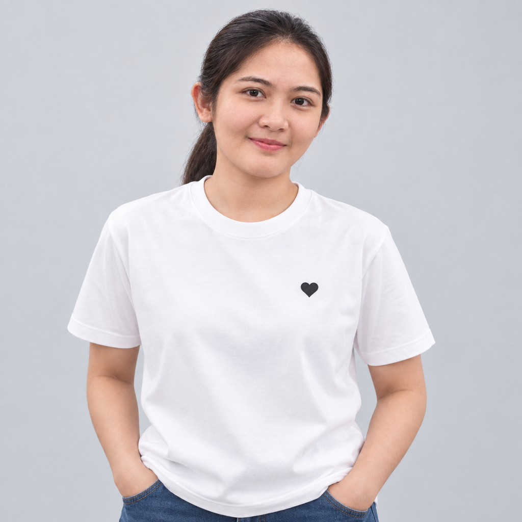 Dad Heart Tee in white with charcoal filled heart embroidery