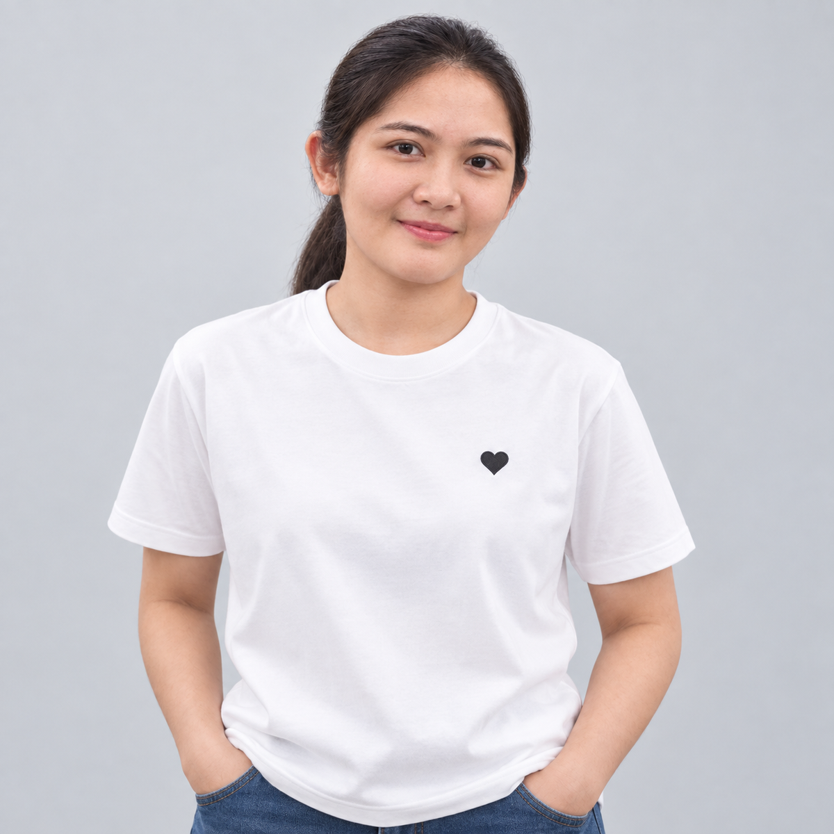 Dad Heart Tee in white with charcoal filled heart embroidery