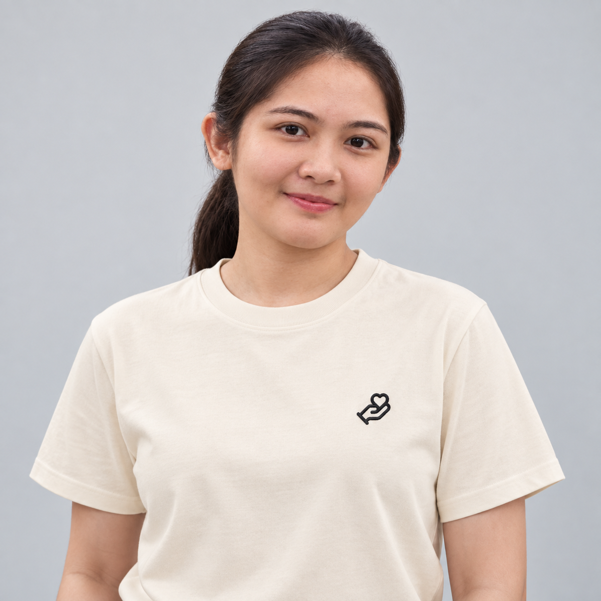 Dad Tiny Hand Tee in cream with charcoal embroidered hand and heart