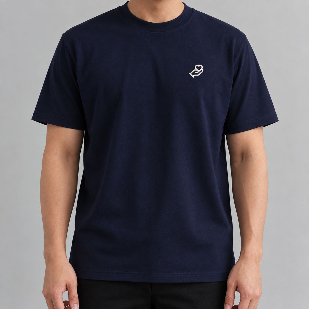 Dad Tiny Hand Tee in navy with white embroidered hand and heart