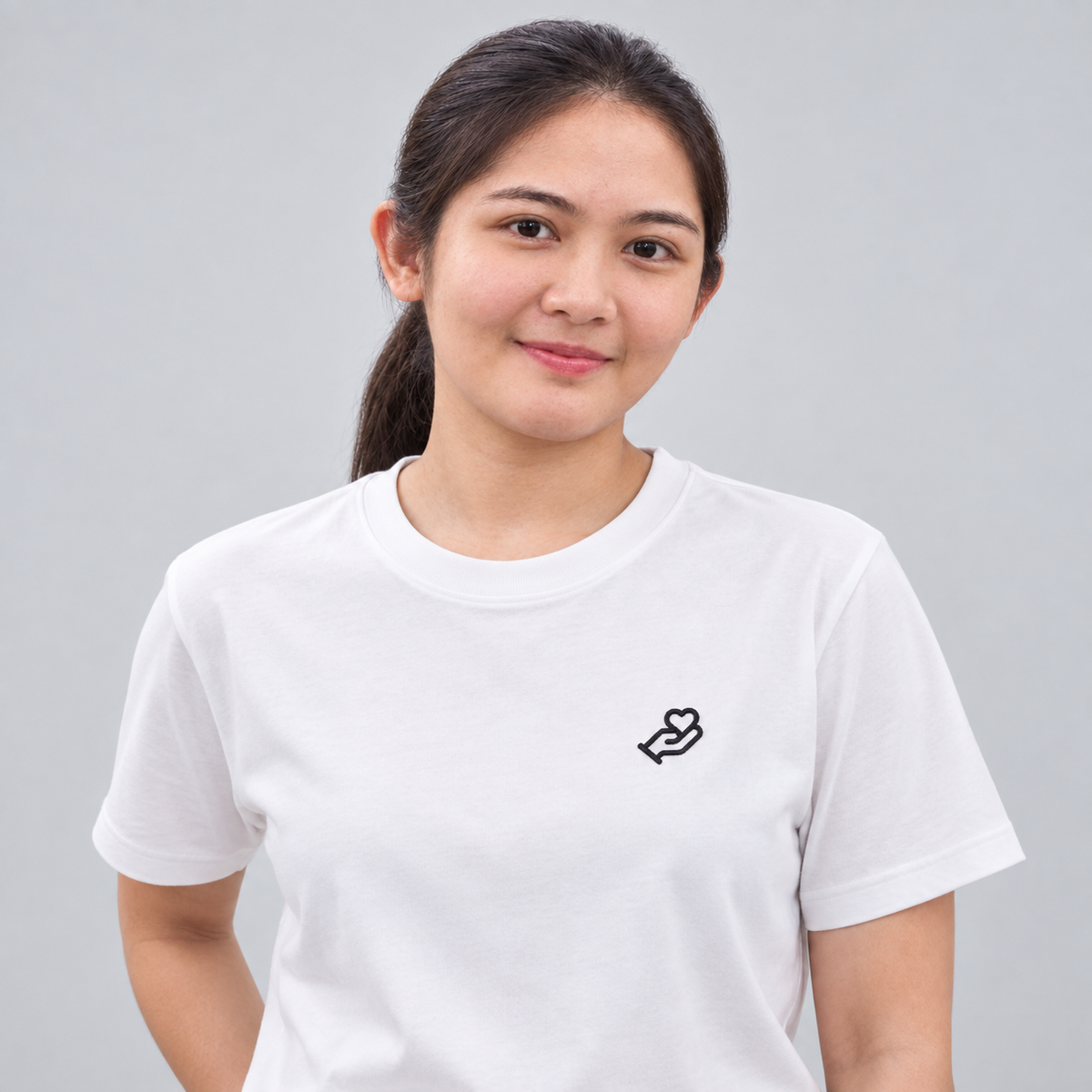 Dad Tiny Hand Tee in white with charcoal embroidered hand and heart