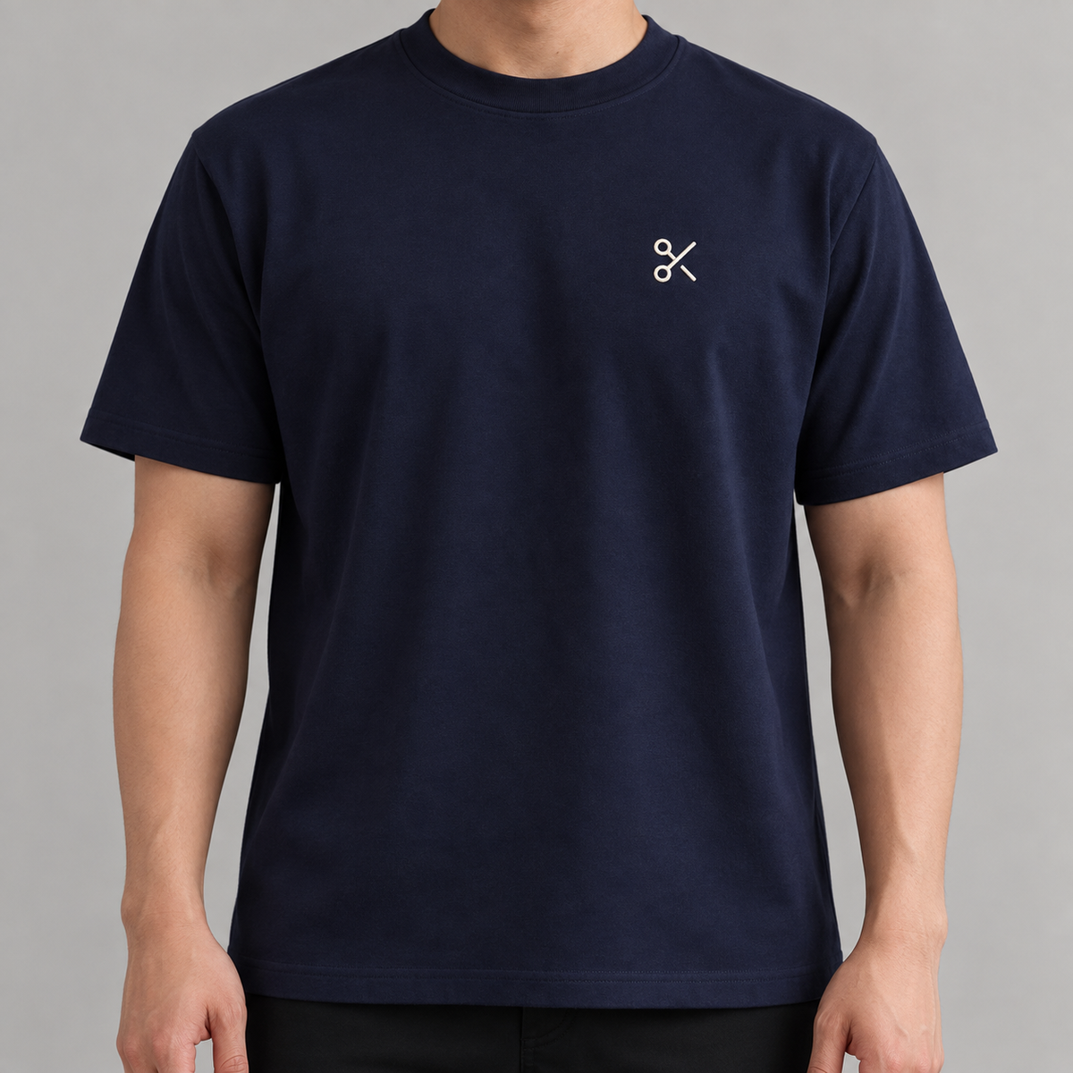 Barber Scissors Tee in navy with white scissors embroidery
