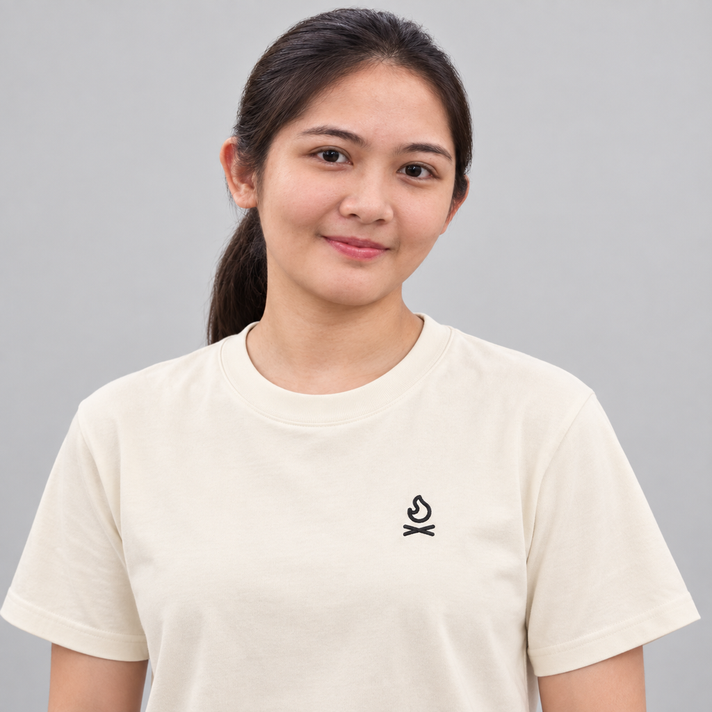 Camper Campfire Tee in cream with charcoal campfire embroidery