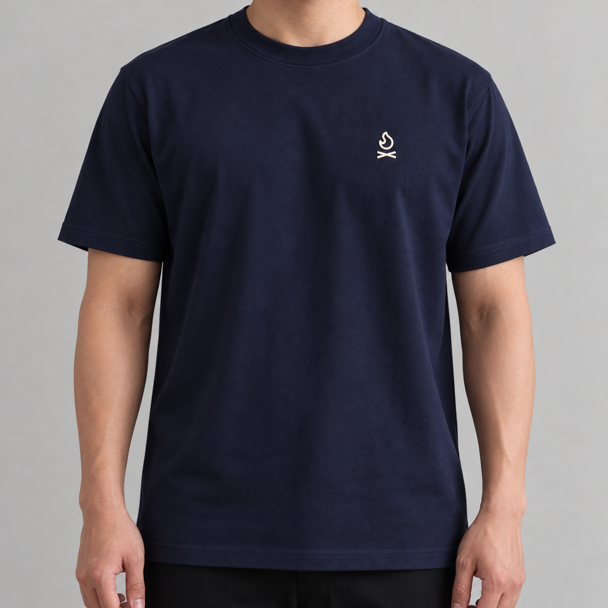 Camper Campfire Tee in navy with white campfire embroidery