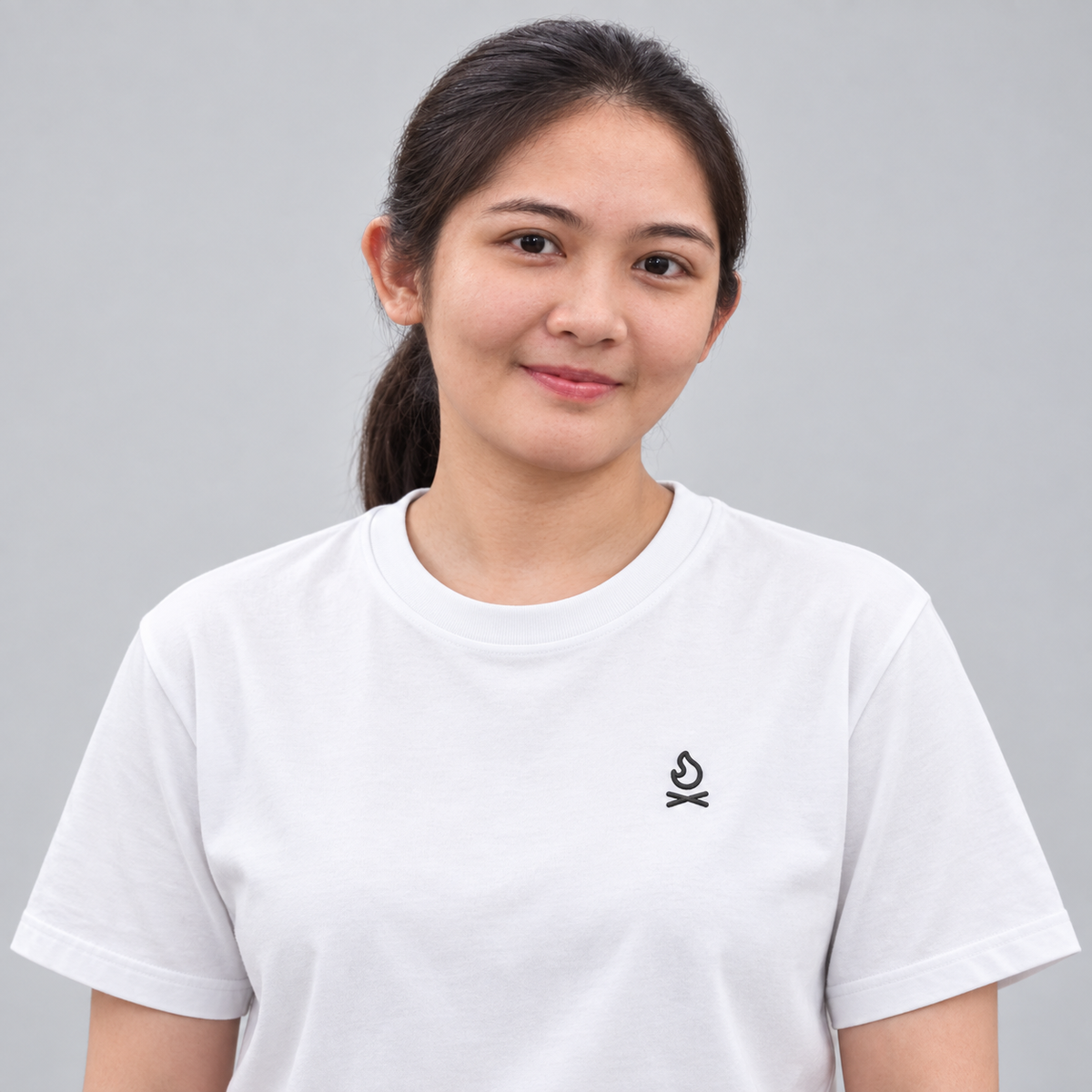 Camper Campfire Tee in white with charcoal campfire embroidery