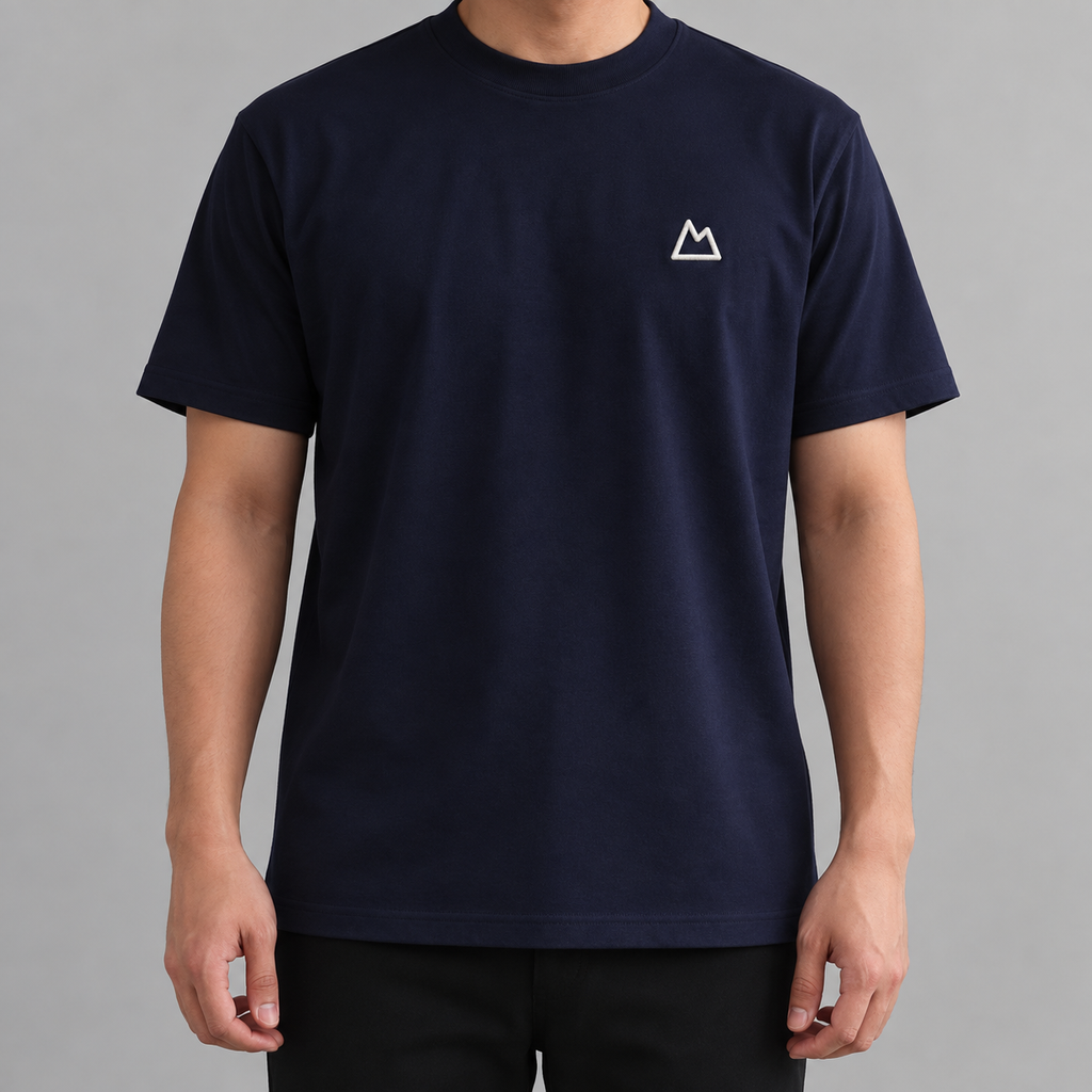 Camper Mountain Tee in navy with white mountain embroidery