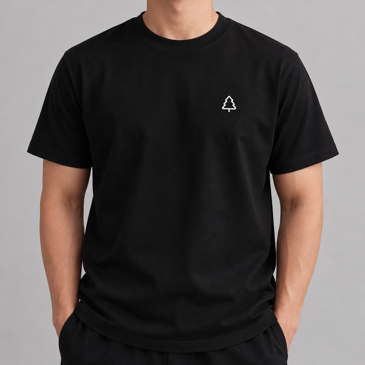 Camper Pine Tree Tee in black with white pine embroidery