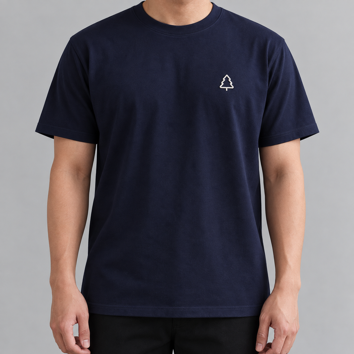 Camper Pine Tree Tee in navy with white pine embroidery