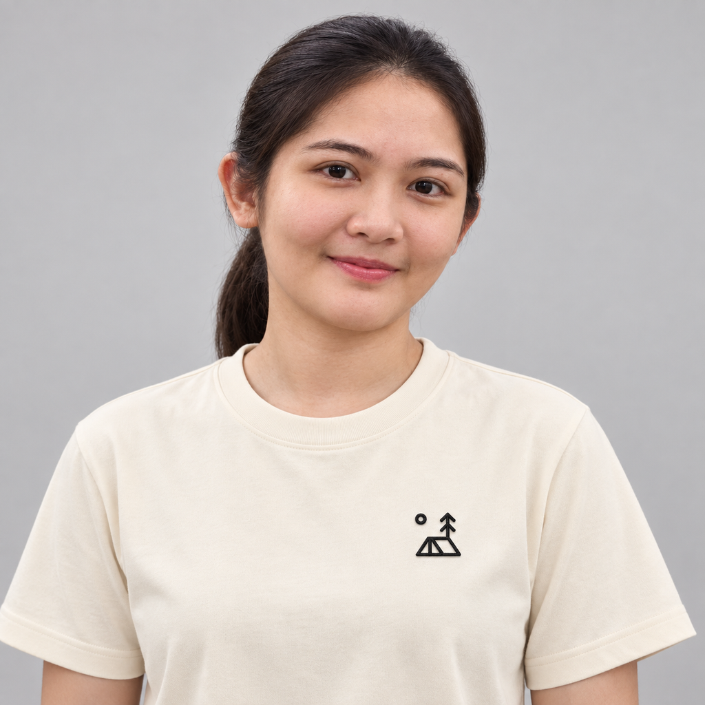 Camper Tent Tee in cream with charcoal campsite embroidery