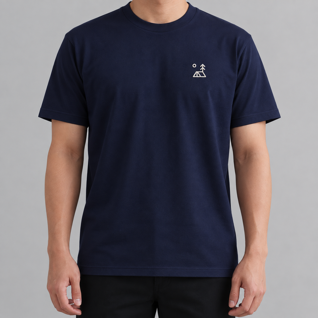 Camper Tent Tee in navy with white campsite embroidery