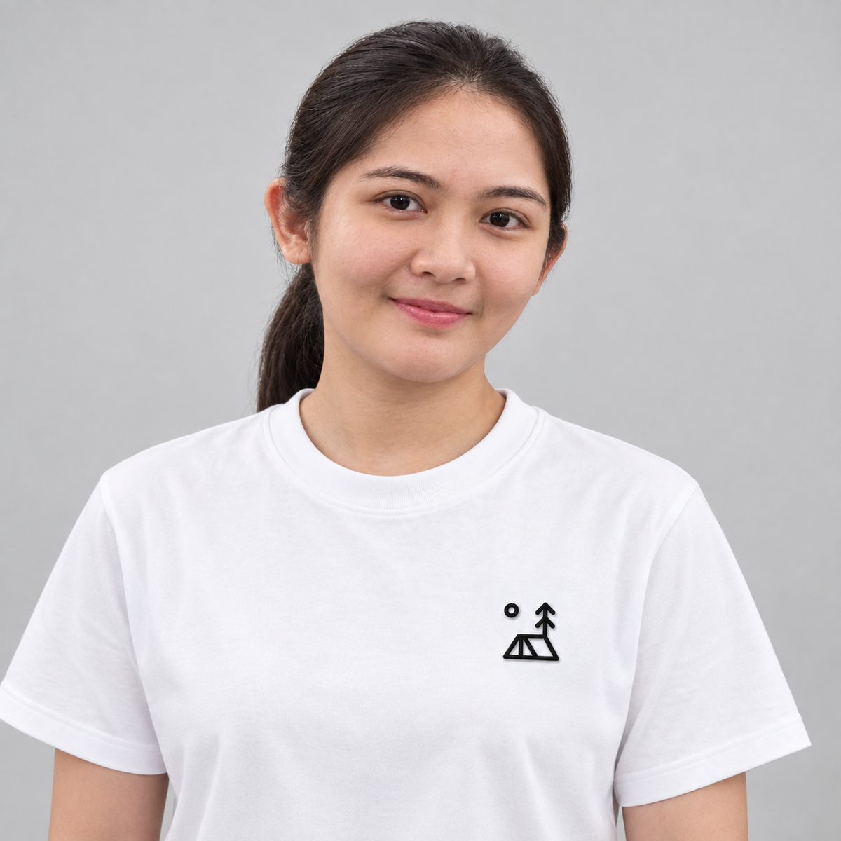 Camper Tent Tee in white with charcoal campsite embroidery